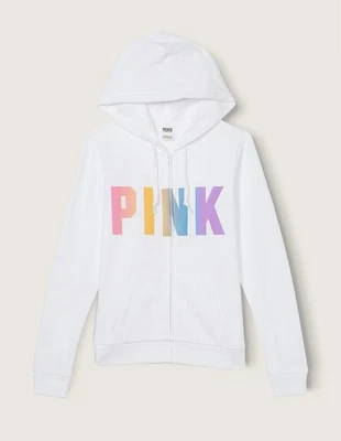 Victoria's Secret розовый полный молнии белый толстовка с капюшоном размер средний Rainbow логотип новый - Изображение 1 из 4