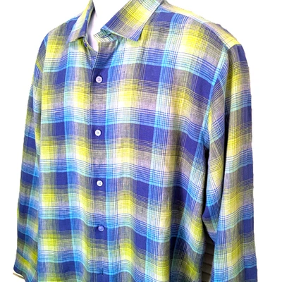 Robert Talbott Plaid Linen Shirt XL Long Sleeve Colorful Blue Yellow button down - Image 1 of 4