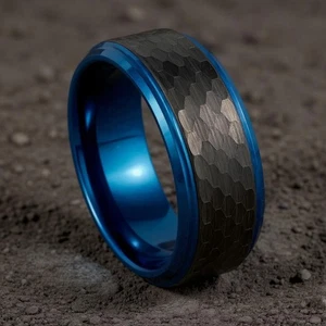 Brushed Hammered Black and Blue Tungsten Ring Men's Wedding Band Men's Ring 8mm - Picture 1 of 3