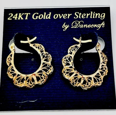 DaneCraft 24KT Gold Over 925 Sterling Filigree Hoop Pierced Earrings - Image 1 of 4