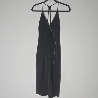 Halston Heritage Satin Black Formal Evening Slip Dress LBD Sz 0 Slit Silver Trim - Image 1 of 4