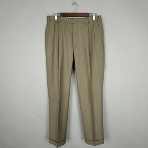 Berle Dress Pants Mens 34R Green Orange Overcheck Wool Trousers Pleated Cuffed - Picture 1 of 15