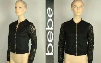 Дизайнерский BEBE черный цветочный кружева укороченный молнии блейзер куртка S - Изображение 1 из 4