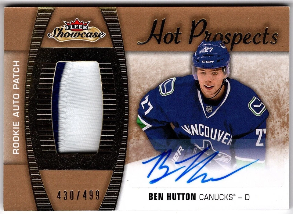 2015-16 UD Fleer Showcase Hot Prospects Auto Patch BEN HUTTON 158 499 Canucks RC - Image 1 of 1