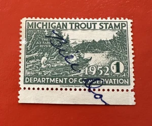 1952 $1 MICHIGAN TROUT Stamp with MARGIN ATTACHED (AND BONUS ADDED) - Picture 1 of 3