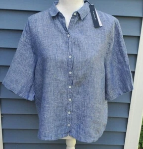 Tahari Women's Button Up Short Sleeve Heather Blue Blouse 100% Linen - Picture 1 of 7