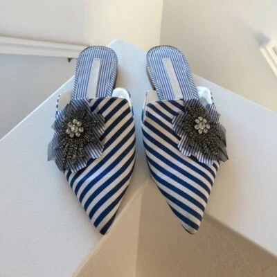 Zara blue stripe pointy flower loafer mule flats SIZE 35 Preowned - Image 1 of 4