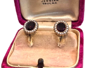PENDIENTES ANTIGUOS GRANATE Y PERLAS SEMILLA Tornillo Trasero Oro 14k ¡EXCELENTE! - Imagen 1 de 19