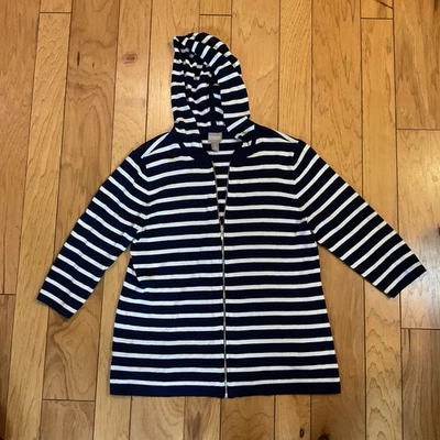 Chico's Size 1 US 8 Womens Navy Blue Striped Casual Comfort Full Zip Hoodie - Image 1 of 4