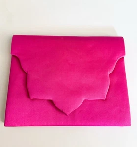 Vintage 90s Yves Saint Laurent Hot Pink Satin Envelope Clutch w/ Scalloped Edge - Picture 1 of 10