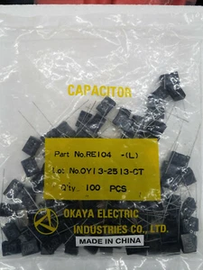 100 PIECE BAG, OKAYA RE104-L, .10 UF, 275 VOLT, NOISE SUPPRESSION CAPACITOR - Picture 1 of 4