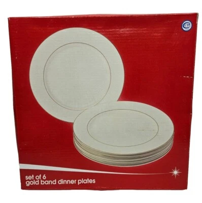 JC Penney Home Collection Double Gold Band White Dinner Plates NEW in Box NOS - Image 1 of 2