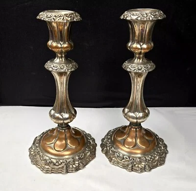 Vintage Antique Silver Copper Candlestick Holders Roccoco Ornate 9" Set of 2 - Image 1 of 4
