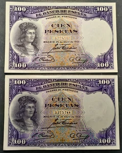 ESPAÑA 100 PESETAS 1931 GONZALO FERNANDEZ DE CORDOBA PAREJA CORRELATIVA 2 PIEZAS - Picture 1 of 2