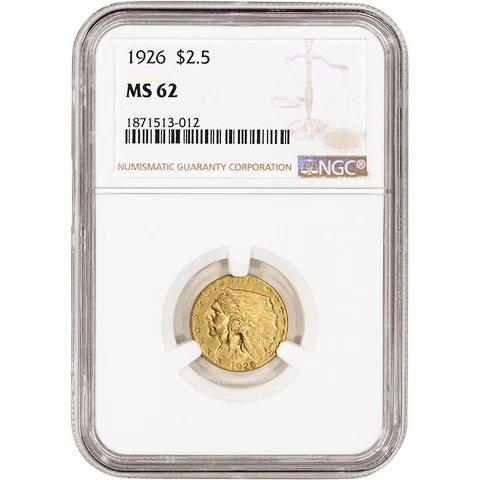 US Gold $2.50 Indian Head Quarter Eagle - NGC MS62 - Random Date Cover