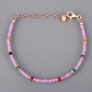 925 Sterling Silver Natural Ruby, Emerald , Sapphire & Pink Topaz Beads Bracelet - Picture 1 of 3