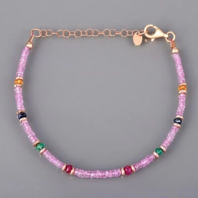 925 Sterling Silver Natural Ruby, Emerald , Sapphire & Pink Topaz Beads Bracelet - Image 1 of 3