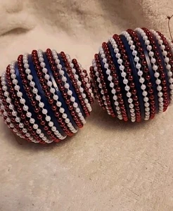 Vintage 10"Circum. Patriotic Beaded Christmas Blue Ball Ornament White/Red Bead - Picture 1 of 4