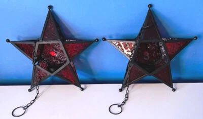 METAL ESTILO MARROQUÍ ROJO VIDRIO TEXTURIZADO ESTRELLA LUZ TÉ VELA LINTERNA-NUEVO SIN CAJA Foto 1 de 4