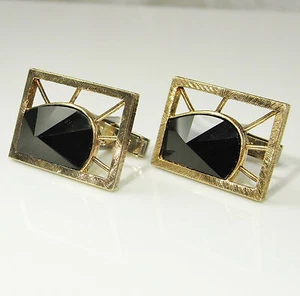 Black Onyx Cufflinks Modernist Geometric 1970s Statement Unique Mebs Cuff Links  - Picture 1 of 5
