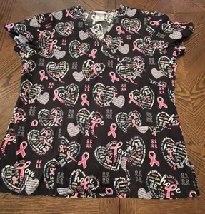 Women’s SB Scrubs Cancer Ribbon Print Multicolor V-neck Scrub Top Size Med. - Picture 1 of 10