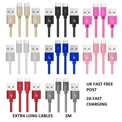 2 Meter Heavy Duty Braided Micro USB Charger Charging Lead Data Sync Phone Cable - Image 1 of 4