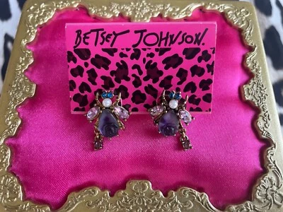 Betsey Johnson Blooming Garden Purple Glass Carved Rose Flower Bee Bug Earrings - Image 1 of 2