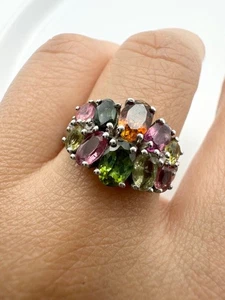 Designer 925 sterling silver natural green pink orange tourmaline ring size 6 - Picture 1 of 7