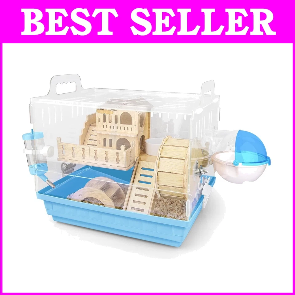 Hámster acrílico transparente hábitat con rueda de madera, escondite y ventilación, 14x10x11 Foto 1 de 4