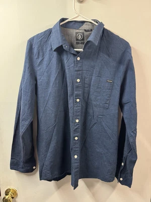 Volcom Shirt Mens Small Blue  Embroidered Logo Button Up Collared Long Sleeve - Image 1 of 4