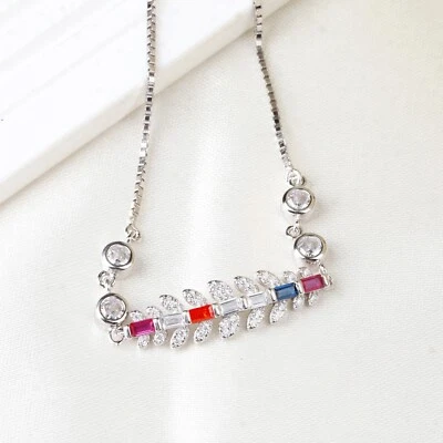 925 Argento Sterling Colorato Zircone Cubico Leaf Forma Regolabile Cham Bracelet - Immagine 1 di 4