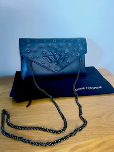 ANNE FONTAINE New Black Leather Clutch Crossbody Handbag With Removable Chain - Picture 1 of 5