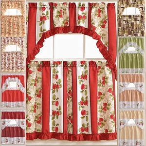 Kitchen Curtains 3 Pc. Set with Attached Valance Tier and Swag Set Red Brown - Picture 1 of 34