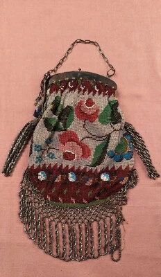 MID 19TH C FLORAL GLASS BEADED BAG W STEEL FRAME + FLORAL PATTERN - Image 1 of 4