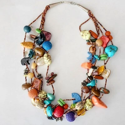 VTG Boho Layered Necklace Onyx Natural Shells Seeds Coral Hippie 1990s Handmade - Image 1 of 4