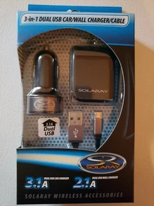 New SOLARAY 3 In 1 Dual USB Car & Wall Charger With Micro USB Cable, Blk & Gray - Picture 1 of 2