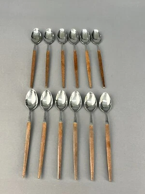 12-Pc EKCO Eterna Canoe Muffin 7 5/8" Iced Tea Spoons Stainless Wood Handle MINT - Image 1 of 4