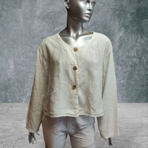 SARAH SANTOS White 100% Linen Long Sleeve Lagenlook Blouse Shirt Size XL - Picture 1 of 7