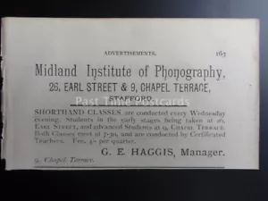 Stafford - MIDLAND INSTITUTE OF PHONOGRAPHY 26 Earl St. 1886 antike Anzeige - Bild 1 von 1