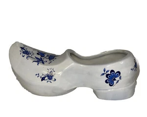 Plantadora de zuecos/zapatos 10"" X 4"" azul y blanco decoración floral cerámica - Imagen 1 de 15