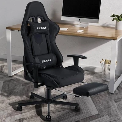 ASUKALE Ergonomischer Gaming Stuhl mit Fußstütze, Kopfstütze & Lendenkissen,Schwarz/Grau