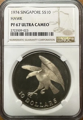 Singapore Hawk 1974 $10 prueba de plata NGC PF67 Ultra camafeo Foto 1 de 2