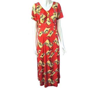 Vintage Long Dress Size 12 Red Maxi Jersey Summer Poolside Short Sleeve Handmade - Picture 1 of 5
