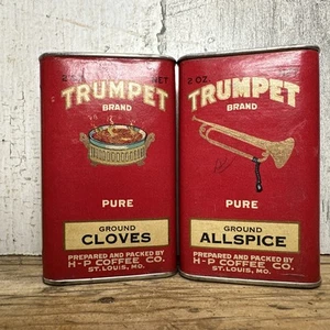 Vtg Petrings Trumpet Spice Tin Cloves Allspice  HP Coffee Co St Louis Lot Of 2 - Picture 1 of 9