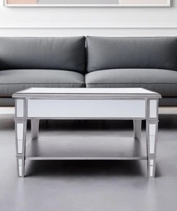 29" Silver Mirrored Square Coffee Table With Shelf - Picture 1 of 10