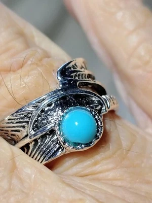 Anillo Pluma Boho Azul Turquesa Cabujón Tono Plata Metal Talla 6 Suroeste Foto 1 de 4