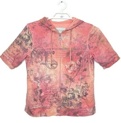 Vtg GREEN TEA Women Coral Rose Print Rhinestone Short Sleeve Hoodie Y2K Fairy L - Image 1 of 4