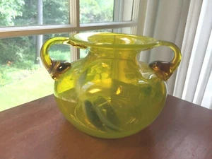 Mid Century Murano Glass Yellow w/ Amber 2 Handled Art Glass Vase - Picture 1 of 6