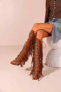 Echt Rindsveloursleder Quasten Sandalen Peeptoe Schmuck Schnürung 10cm hoher Absatz Posten - Bild 1 von 15