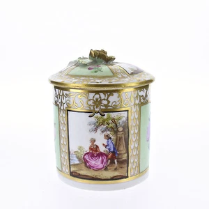 Vintage Hand Painted Dresden Porcelain Covered Box with Lime Green Panels - Picture 1 of 10